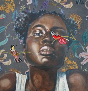Artwork by Nanon Morsink titled Pajaritos I, made with acrylic on pre-printed fabric