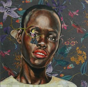 Artwork by Nanon Morsink titled Pajaritos II, made with acrylic on pre-printed fabric