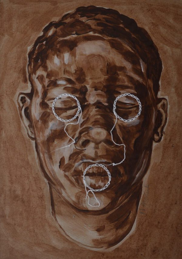 Artwork by Nanon Morsink titled It’s in your head, made with acrylic on paper and embroidery