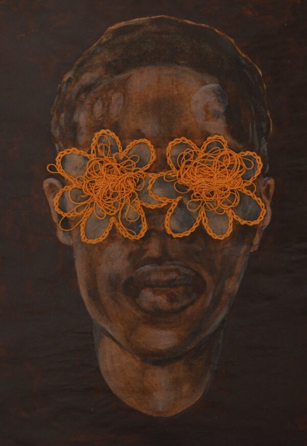 Artwork by Nanon Morsink titled It’s in your head, made with acrylic on paper and embroidery