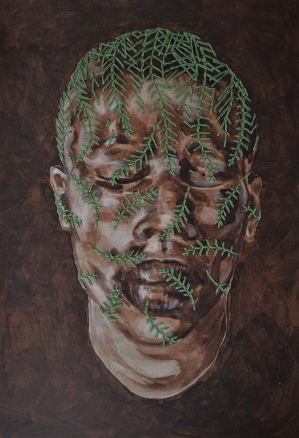 Artwork by Nanon Morsink titled It’s in your head, made with acrylic on paper and embroidery