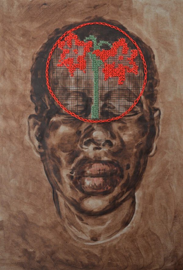 Artwork by Nanon Morsink titled It’s in your head, made with acrylic on paper and embroidery