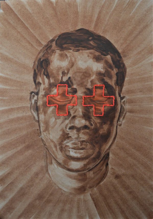 Artwork by Nanon Morsink titled It’s in your head, made with acrylic on paper and embroidery