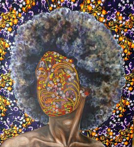 Artwork by Nanon Morsink titled Soul III, made with acrylic on pre-printed fabric and embroidery