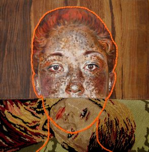 Series of artwork by Nanon Morsink titled Madre IV, made with acrylic on pre-printed fabric, ready-made embroidery and hand embroidery