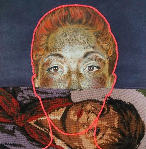 Series of artwork by Nanon Morsink titled Madre III made with acrylic on pre-printed fabric, ready-made embroidery and hand embroidery