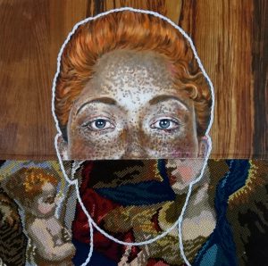 Series of artwork by Nanon Morsink titled Madre I made with acrylic on pre-printed fabric, ready-made embroidery and hand embroidery