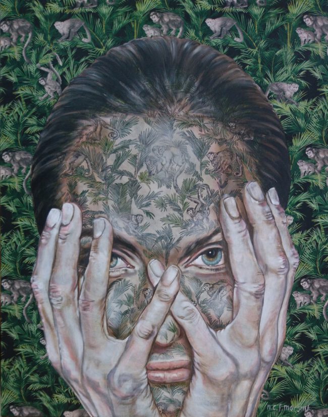 Artwork by Nanon Morsink titled Jungle in my head I, made with acrylic on pre-printed fabric