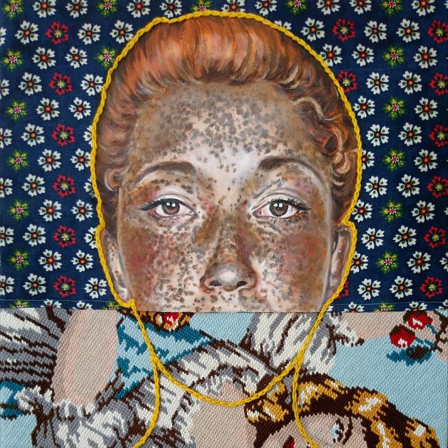 Series of artworks by Nanon Morsink titled Madre II made with acrylic on pre-printed fabric, ready-made embroidery and hand embroidery