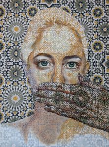 Artwork by Nanon Morsink titled Sin palabras, made with acrylic on pre-printed fabric and embroidery
