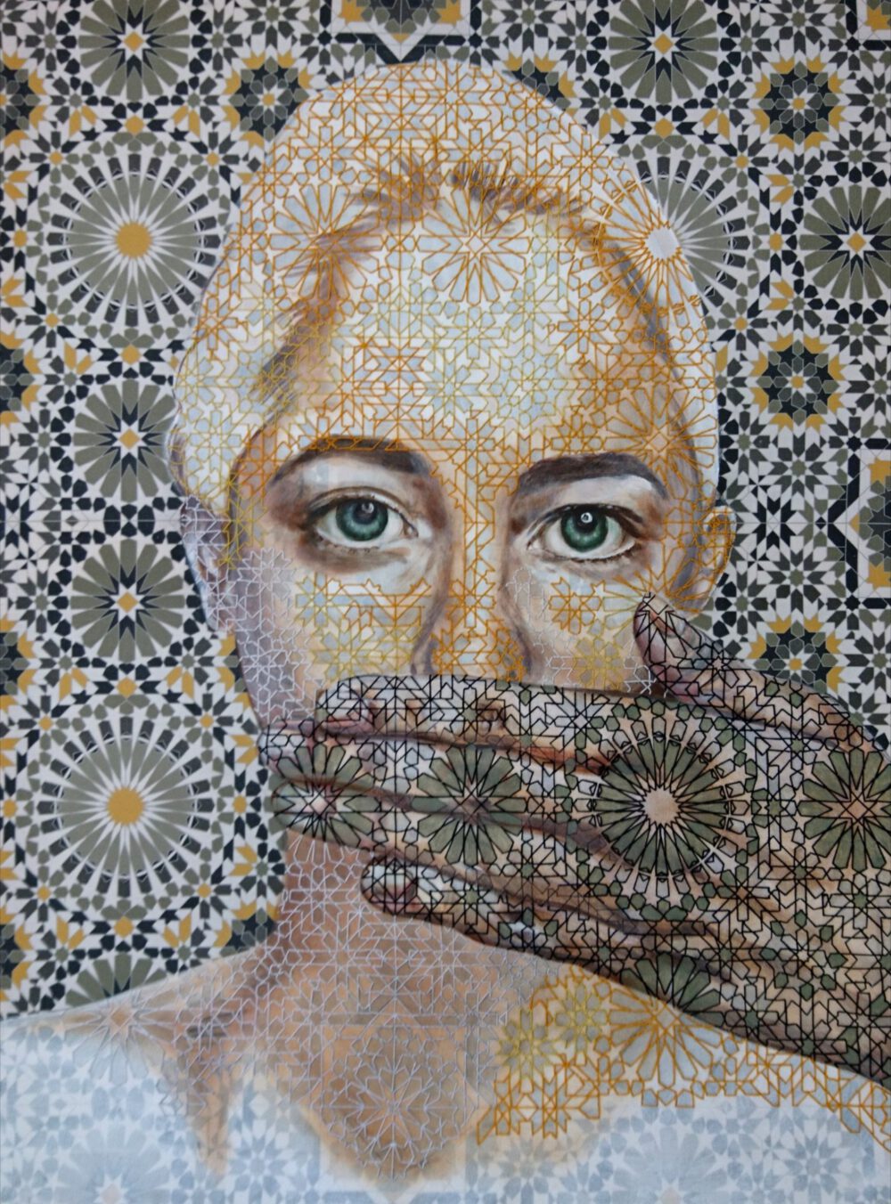 Artwork by Nanon Morsink titled Sin palabras, made with acrylic on pre-printed fabric and embroidery
