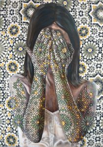 Artwork by Nanon Morsink titled Dentro, made with acrylic on pre-printed fabric and embroidery