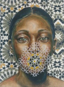 Artwork by Nanon Morsink titled No pasa nada, made with acrylic on pre-printed fabric and embroidery