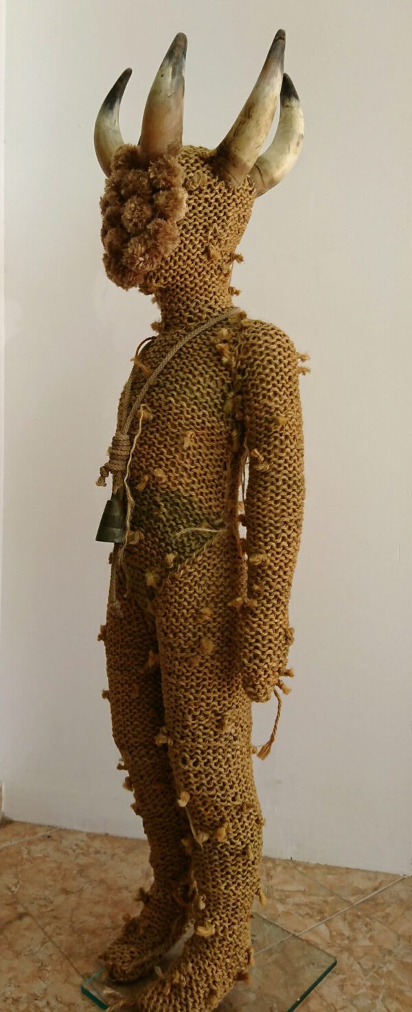 King of Cows, sculpture made of reused rope, horns, goat bell, doll by contemporary artist Nanon Morsink