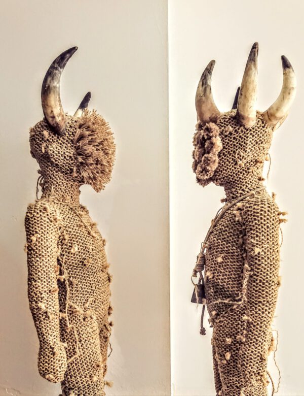 Fighting the World – King of Cows, sculpture made of reused rope, horns, goat bell, dolls by contemporary artist Nanon Morsink