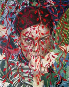Artwork by Nanon Morsink titled The red curtain, made with acrylic on pre-printed fabric and embroidery