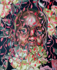 Artwork by Nanon Morsink titled Pink distance, made with acrylic on pre-printed fabric and embroidery
