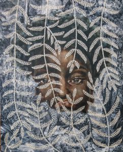 Artwork by Nanon Morsink titled Hidden, made with acrylic on pre-printed canvas and embroidery