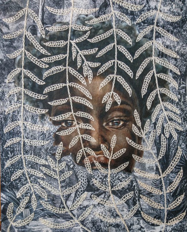 Artwork by Nanon Morsink titled Hidden, made with acrylic on pre-printed canvas and embroidery