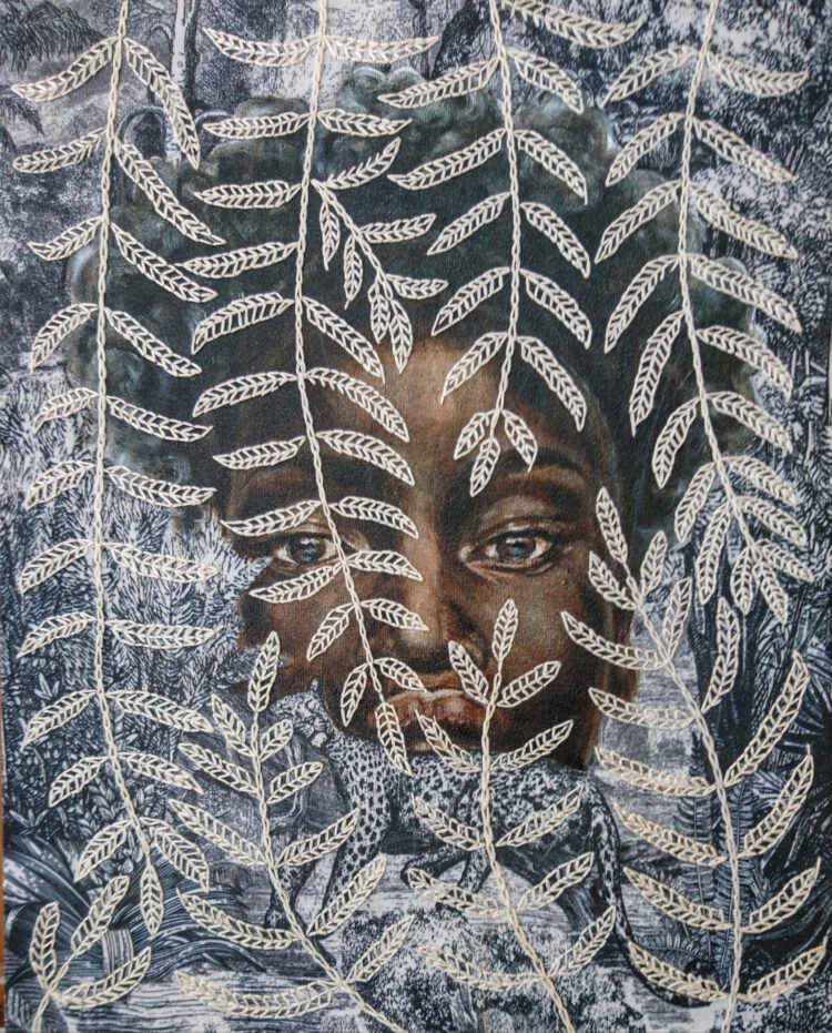 Artwork by Nanon Morsink titled Hidden, made with acrylic on pre-printed canvas and embroidery