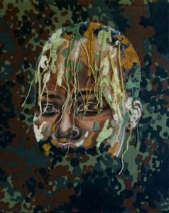 Artwork by Nanon Morsink titled Threads, made with acrylic on pre-printed fabric and embroidery