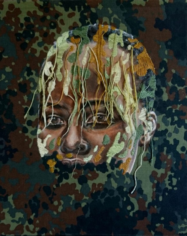 Artwork by Nanon Morsink titled Threads, made with acrylic on pre-printed fabric and embroidery