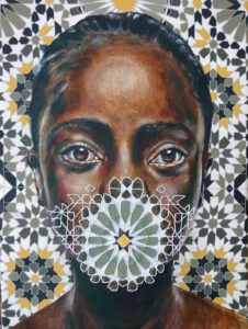 Artwork by Nanon Morsink titled No digas nada, made with acrylic on pre-printed fabric and embroidery