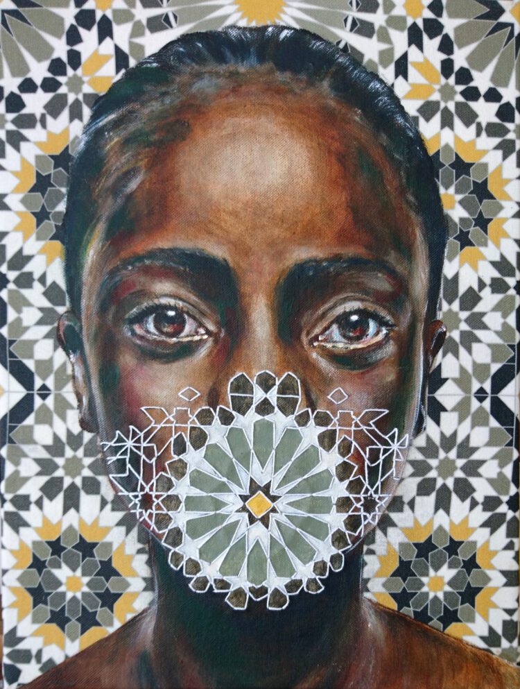Artwork by Nanon Morsink titled No digas nada, made with acrylic on pre-printed fabric and embroidery