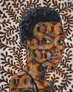 Artwork by Nanon Morsink titled Longing for those orange days, made with acrylic on pre-printed fabric and embroidery