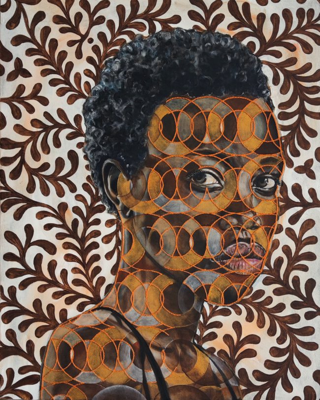 Artwork by Nanon Morsink titled Longing for those orange days, made with acrylic on pre-printed fabric and embroidery