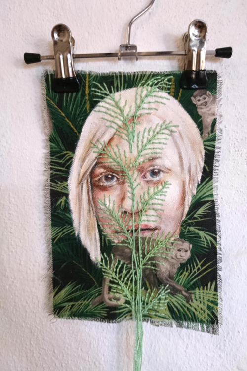Artwork by Nanon Morsink titled Wallflower, made with acrylic on pre-printed fabric and embroidery