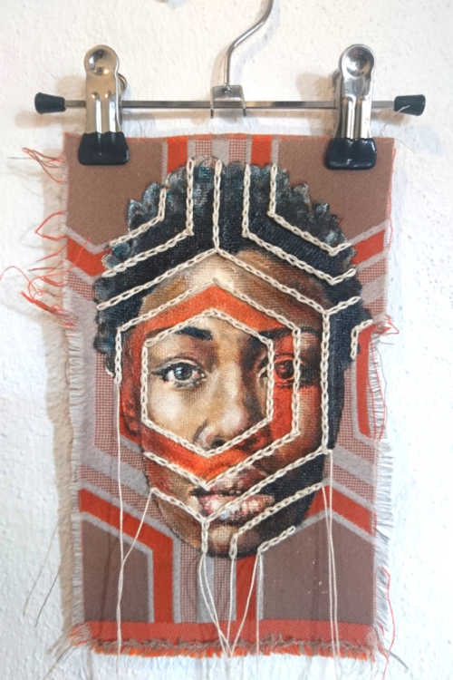 Artwork by Nanon Morsink titled Wallflower, made with acrylic on pre-printed fabric and embroidery