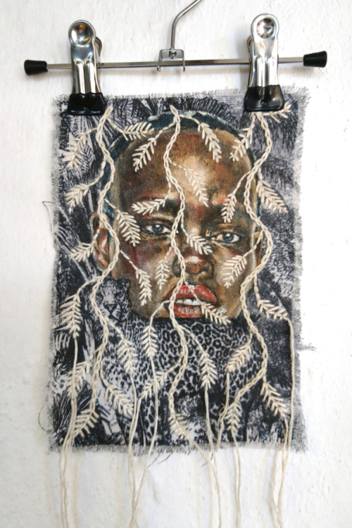 Artwork by Nanon Morsink titled Wallflower, made with acrylic on pre-printed fabric and embroidery
