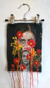 Artwork by Nanon Morsink titled Wallflower, made with acrylic on pre-printed fabric and embroidery