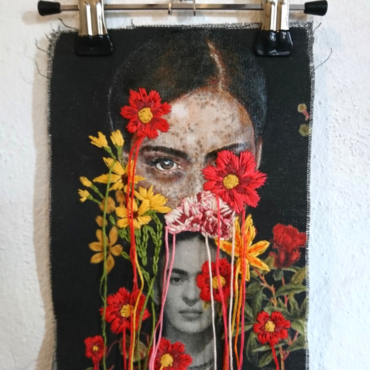 Artwork by Nanon Morsink titled Wallflower, made with acrylic on pre-printed fabric and embroidery