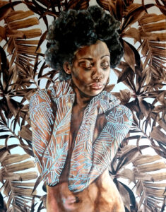 Artwork by Nanon Morsink titled Blue jungle, made with acrylic on pre-printed fabric and embroidery