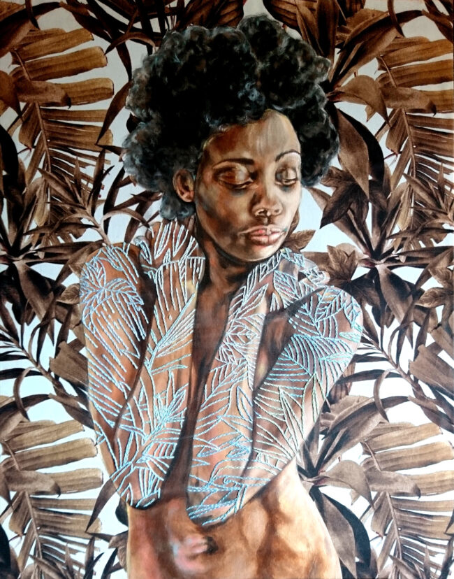Artwork by Nanon Morsink titled Blue jungle, made with acrylic on pre-printed fabric and embroidery