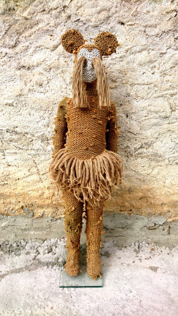 Totem, sculpture made of reused rope, paint, doll by contemporary artist Nanon Morsink