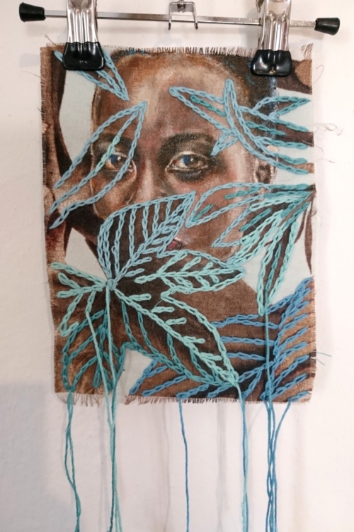 Artwork by Nanon Morsink titled Wallflower, made with acrylic on pre-printed fabric and embroidery