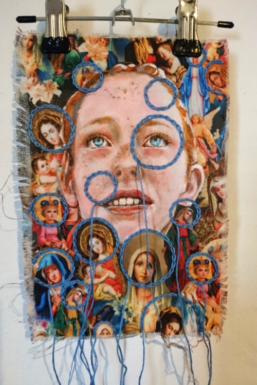 Artwork by Nanon Morsink titled Wallflower, made with acrylic on pre-printed fabric and embroidery
