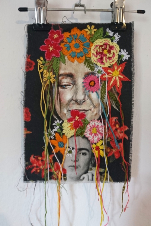 Artwork by Nanon Morsink titled Wallflower, made with acrylic on pre-printed fabric and embroidery