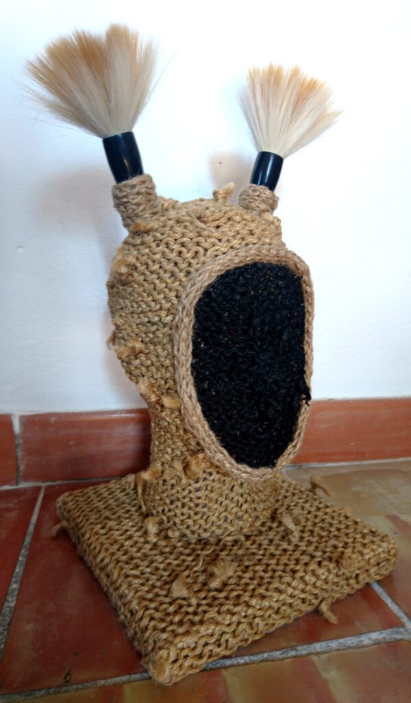 Dark Bunny (Portrait of a Painter), sculpture made of reused rope, brushes, paint, head by contemporary artist Nanon Morsink