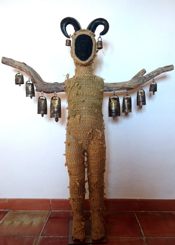 Estado de Alarma, sculpture made of reused rope, branches, horns, goat bells, doll by contemporary artist Nanon Morsink
