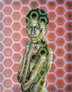 Artwork by Nanon Morsink titled Hexagonal, made with acrylic on pre-printed fabric and embroidery