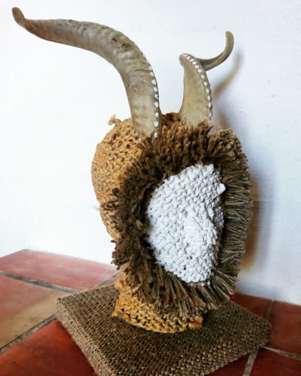 La Bruja, sculpture made of reused rope, goat horns, paint, head by contemporary artist Nanon Morsink