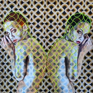 Artwork by Nanon Morsink titled Ego & Alterego, made with acrylic on pre-printed fabric and embroidery