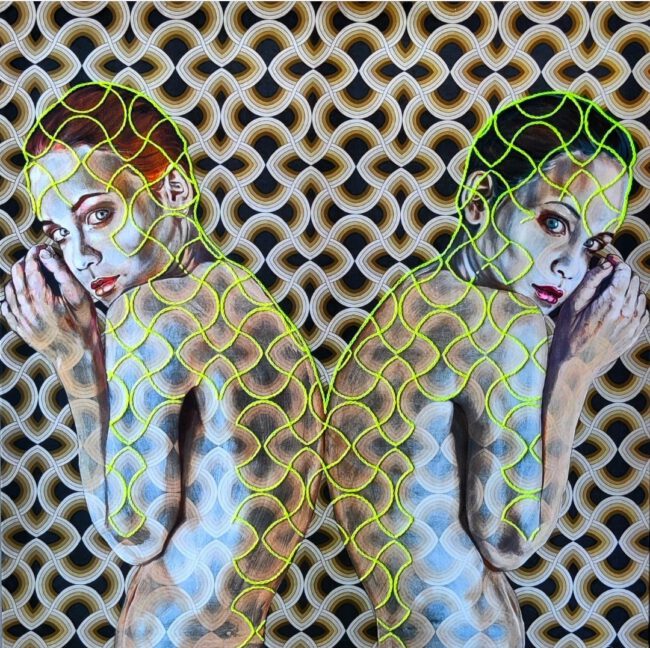 Artwork by Nanon Morsink titled Ego & Alterego, made with acrylic on pre-printed fabric and embroidery