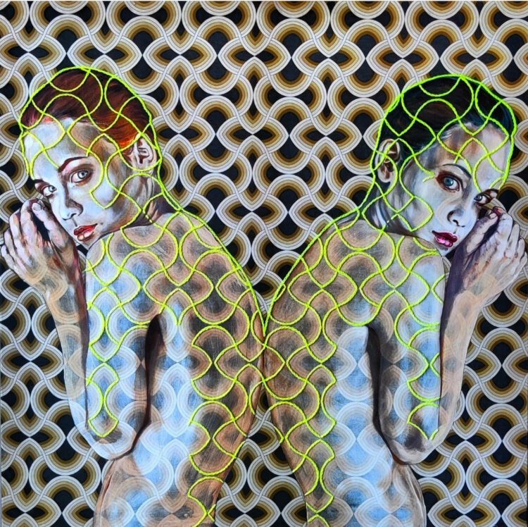 Artwork by Nanon Morsink titled Ego & Alterego, made with acrylic on pre-printed fabric and embroidery