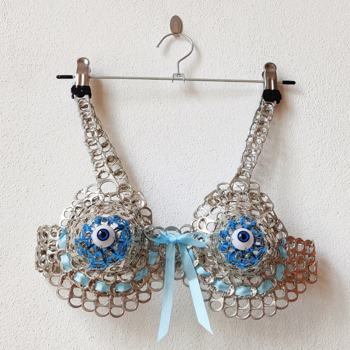 Ins Blaue Hinein, can tabs, silver thread, eyes, ribbon, Safety Lingerie Series by contemporary artist Nanon Morsink
