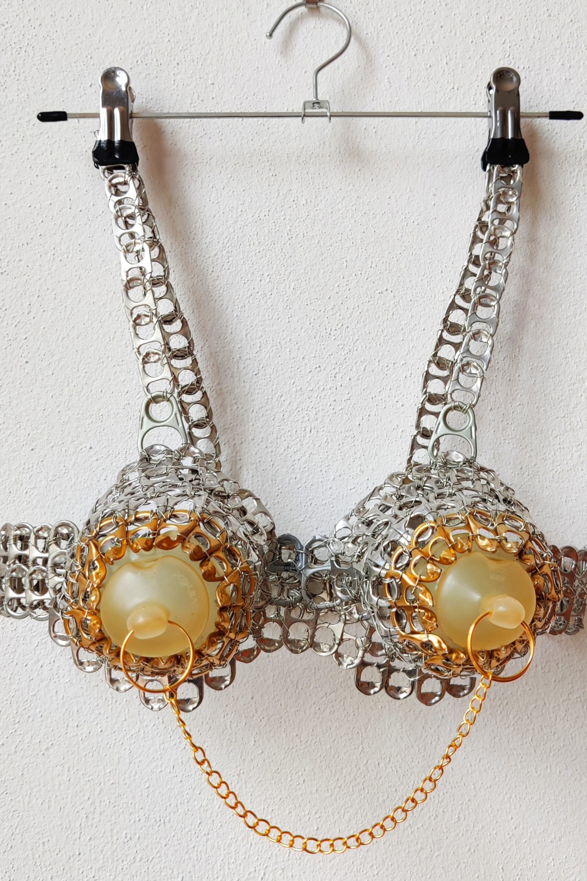 My Baby..., can tabs, silver thread, teats, chain, rings, Safety Lingerie Series by contemporary artist Nanon Morsink